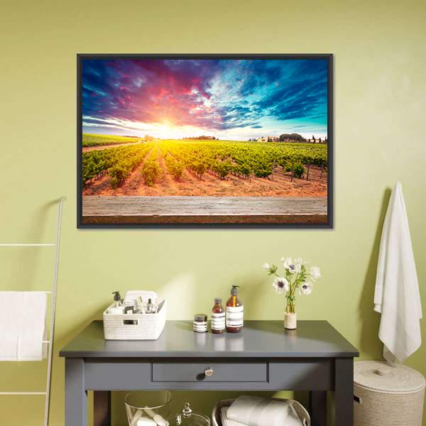 Tuscan Field at Sunset Canvas Wall Art in yellow, green and blue, framed canvas, product view on a white background