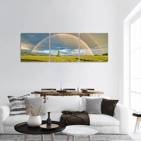 Blueberry Field Under Rainbow Panoramic Canvas Wall Art-3 Piece-25" x 08"-Tiaracle