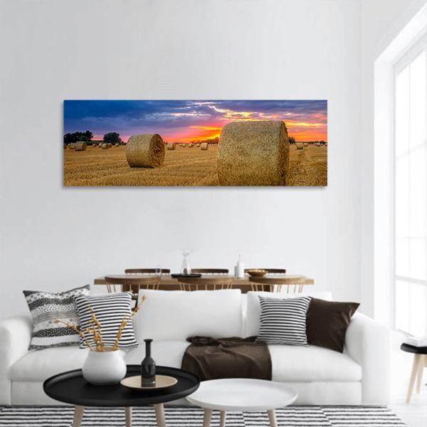 Hay Bale In Field Panoramic Canvas Wall Art-1 Piece-36" x 12"-Tiaracle