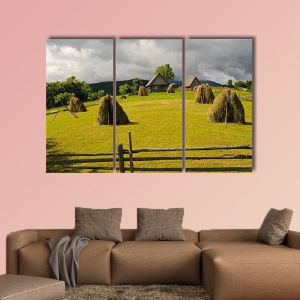 Field With Haystack Canvas Wall Art-3 Horizontal-Gallery Wrap-37" x 24"-Tiaracle