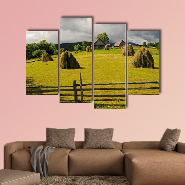 Field With Haystack Canvas Wall Art-4 Pop-Gallery Wrap-50" x 32"-Tiaracle