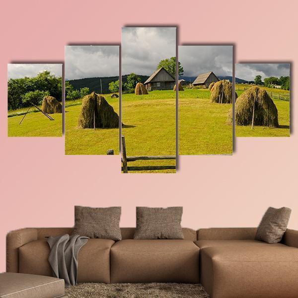 Field With Haystack Canvas Wall Art-5 Star-Gallery Wrap-62" x 32"-Tiaracle