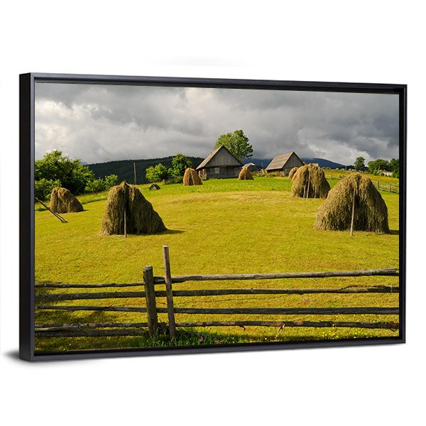 Field With Haystack Canvas Wall Art-3 Horizontal-Gallery Wrap-25" x 16"-Tiaracle