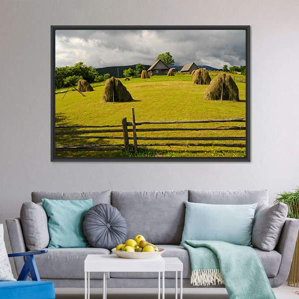 Field With Haystack Canvas Wall Art-3 Horizontal-Gallery Wrap-25" x 16"-Tiaracle