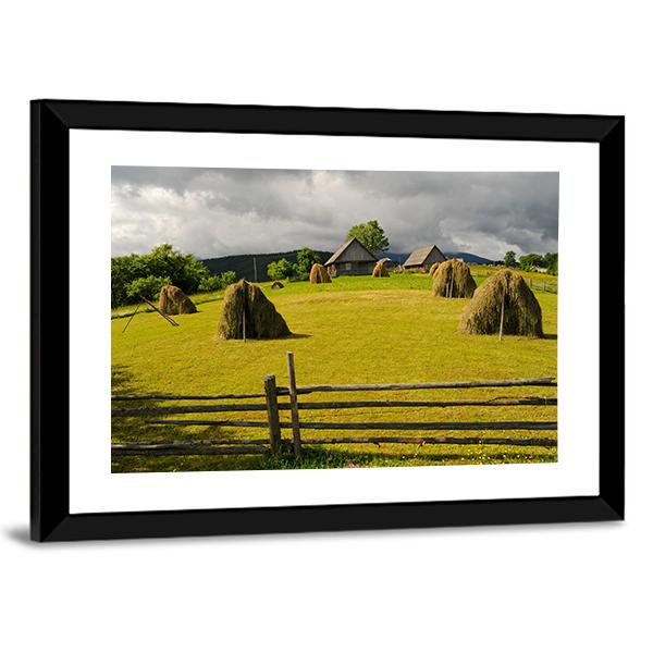 Field With Haystack Canvas Wall Art-3 Horizontal-Gallery Wrap-25" x 16"-Tiaracle