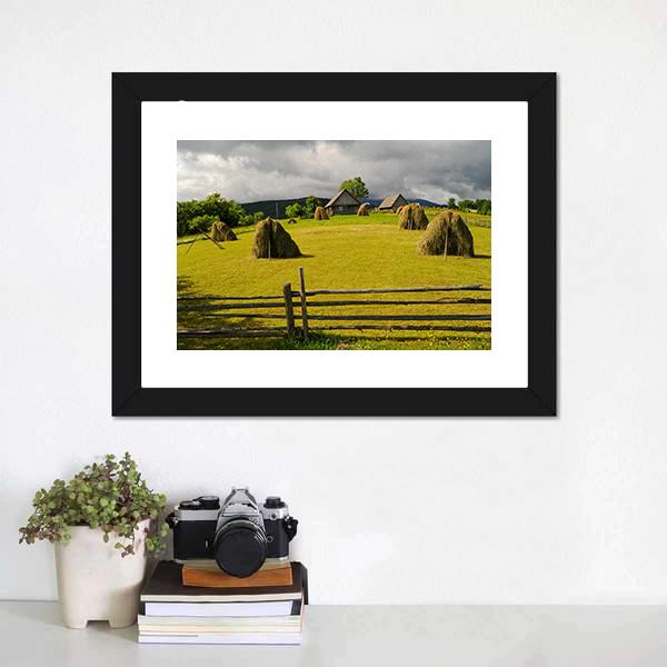 Field With Haystack Canvas Wall Art-1 Piece-Framed Print-20" x 16"-Tiaracle