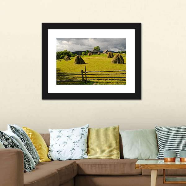 Field With Haystack Canvas Wall Art-3 Horizontal-Gallery Wrap-25" x 16"-Tiaracle