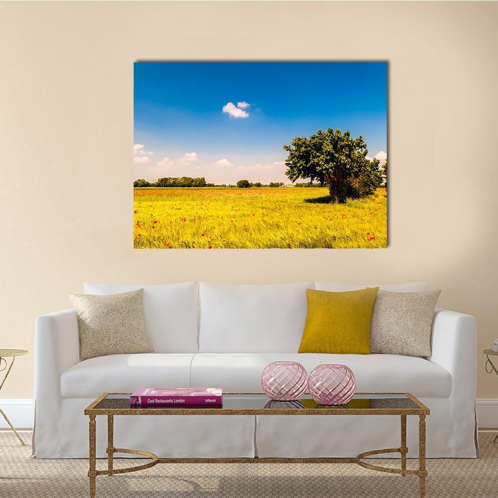 Lone Tree in Golden Poppy Field Canvas Wall Art in yellow, green and blue, single panel hung on a wall