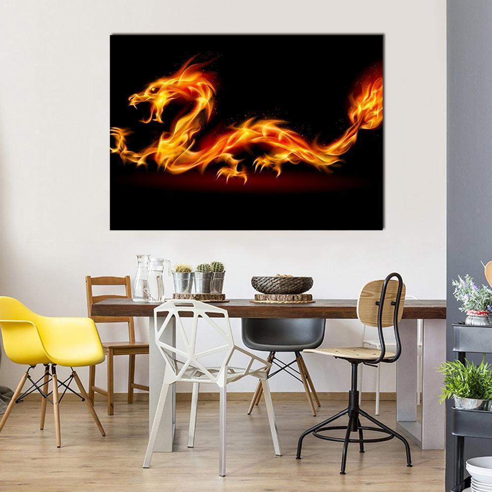 Fiery Dragon Canvas Wall Art-5 Star-Gallery Wrap-62" x 32"-Tiaracle