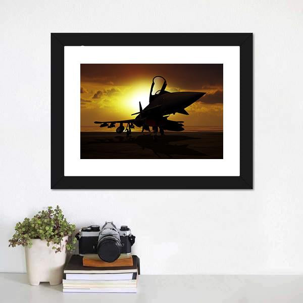 Fighter Jet At Sunset Canvas Wall Art-1 Piece-Framed Print-20" x 16"-Tiaracle