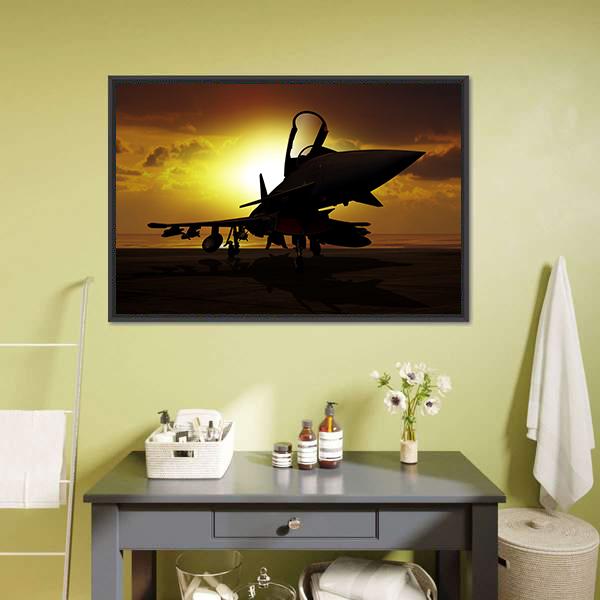 Fighter Jet At Sunset Canvas Wall Art-1 Piece-Floating Frame-24" x 16"-Tiaracle