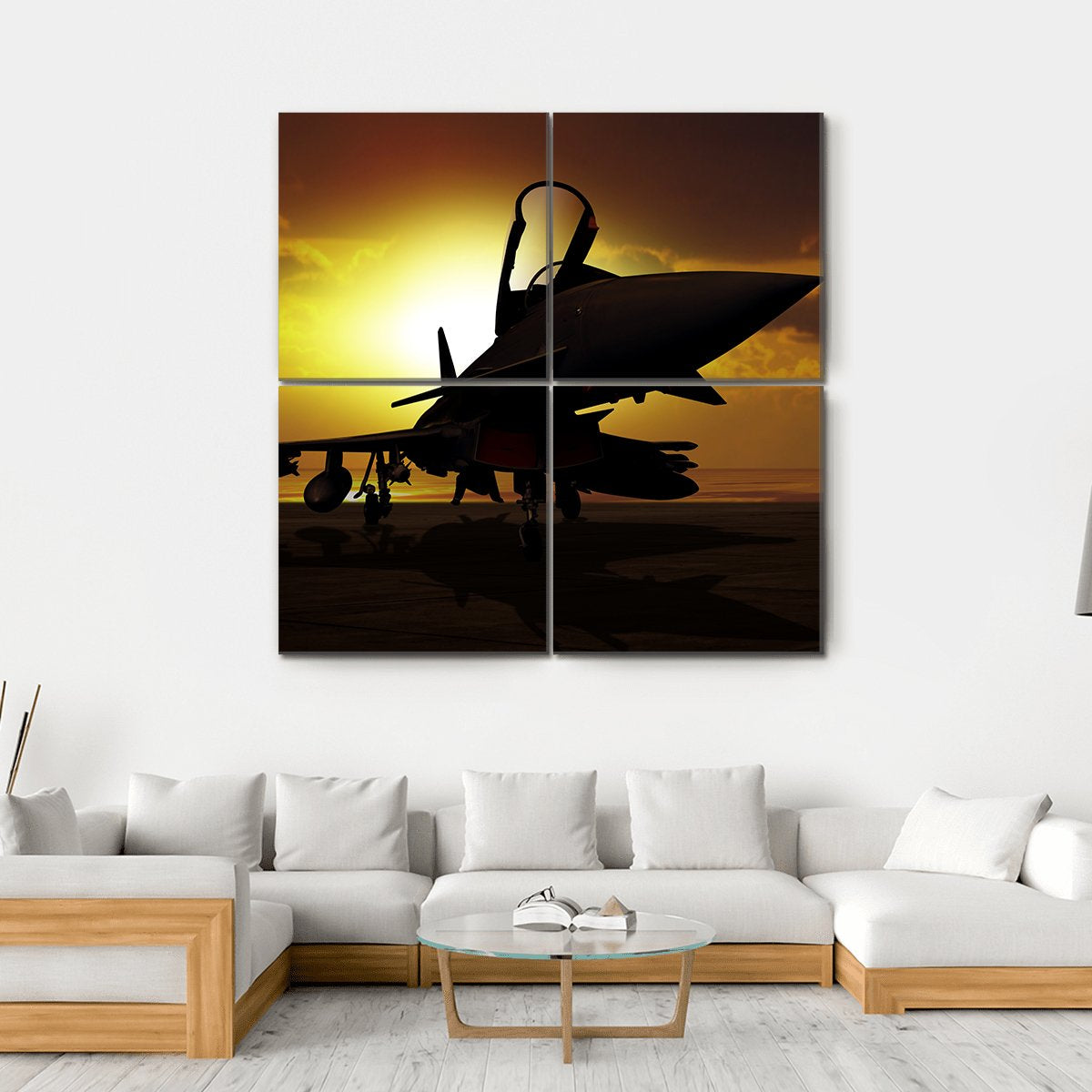 Fighter Jet At Sunset Canvas Wall Art-4 Square-Gallery Wrap-17" x 17"-Tiaracle