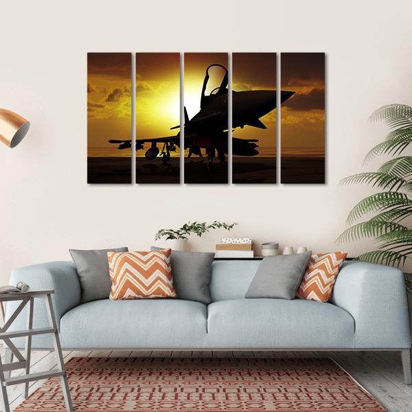 Fighter Jet At Sunset Canvas Wall Art-5 Horizontal-Gallery Wrap-22" x 12"-Tiaracle