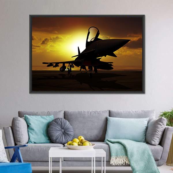 Fighter Jet At Sunset Canvas Wall Art-5 Horizontal-Gallery Wrap-22" x 12"-Tiaracle