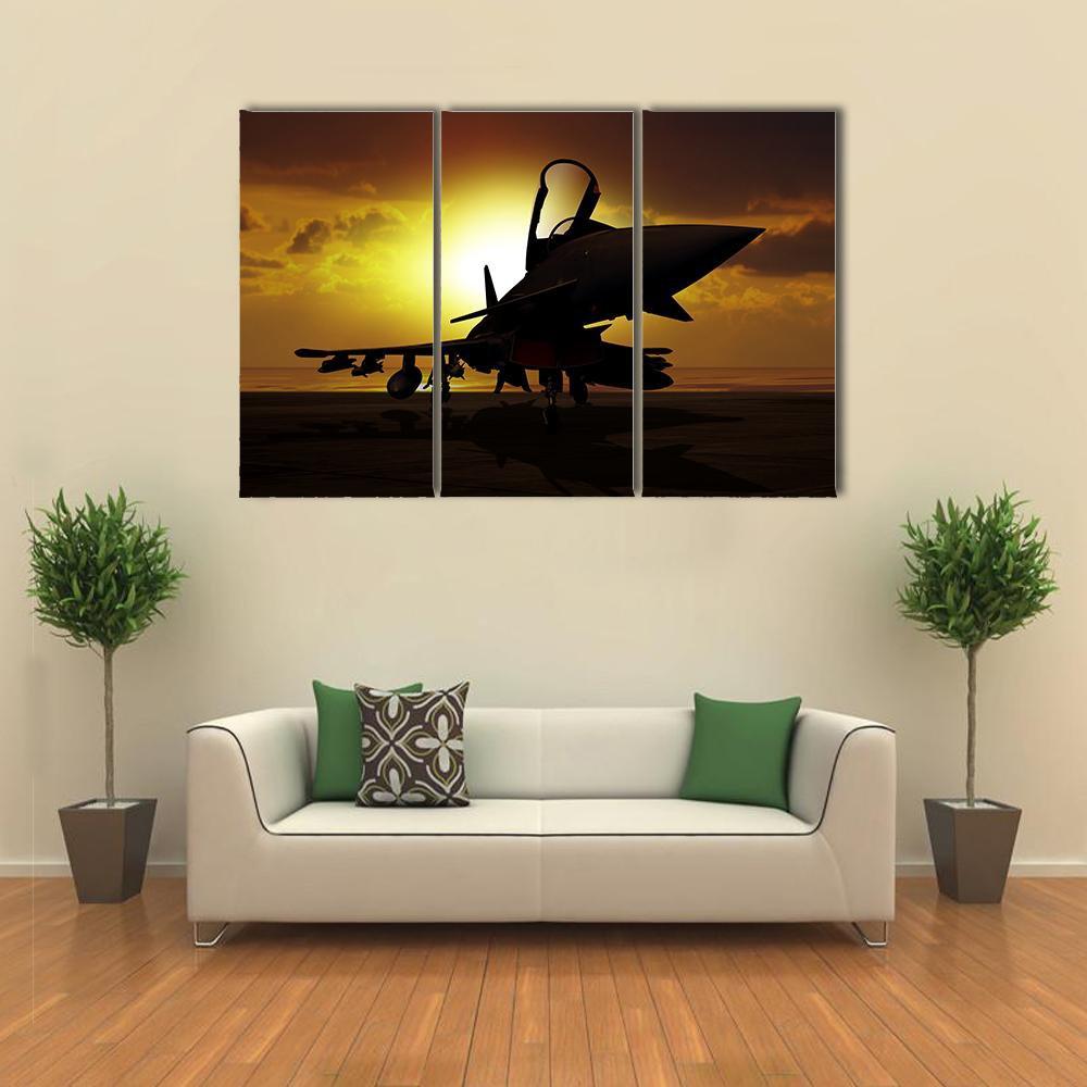 Fighter Jet At Sunset Canvas Wall Art-3 Horizontal-Gallery Wrap-37" x 24"-Tiaracle