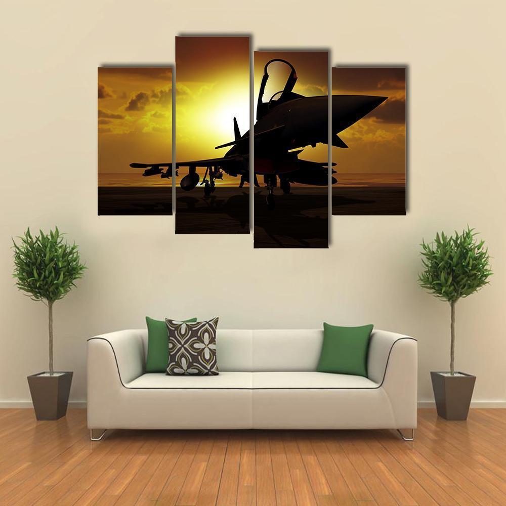 Fighter Jet At Sunset Canvas Wall Art-4 Pop-Gallery Wrap-50" x 32"-Tiaracle