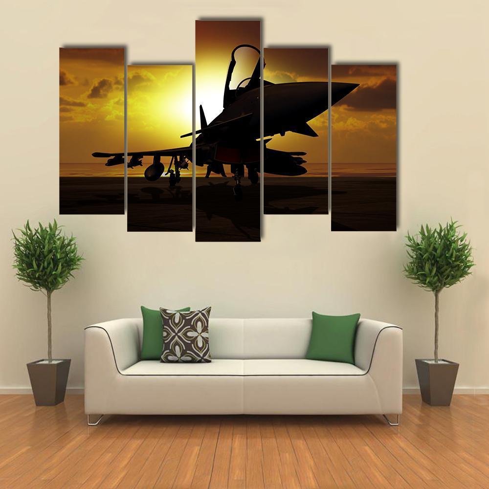 Fighter Jet At Sunset Canvas Wall Art-5 Pop-Gallery Wrap-47" x 32"-Tiaracle