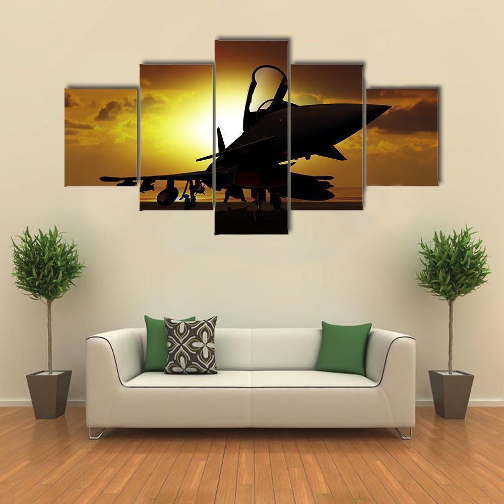 Fighter Jet At Sunset Canvas Wall Art-5 Star-Gallery Wrap-62" x 32"-Tiaracle