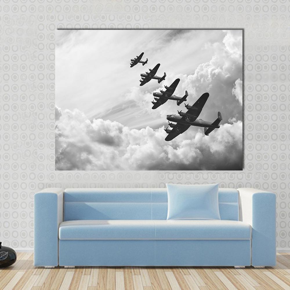 Fighter Jets in World War Canvas Wall Art in black, white and gray, single panel hung on a wall