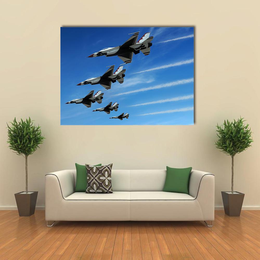 Five Fighter Jets in Formation Canvas Wall Art in black, white and blue, single panel hung on a wall