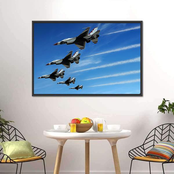 Five Fighter Jets in Formation Canvas Wall Art in black, white and blue, framed canvas, product view on a white background