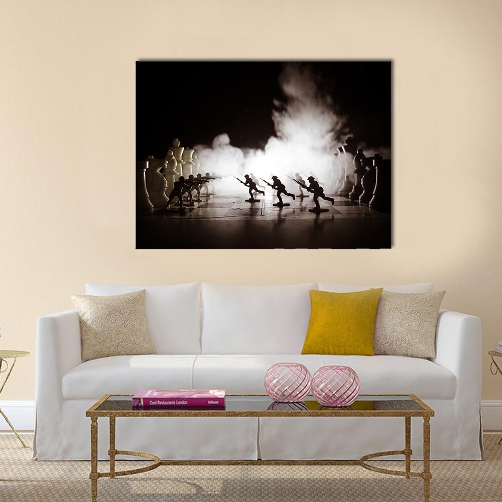 Silhouetted Toy Soldiers on Chessboard Canvas Wall Art in black and white, single panel hung on a wall