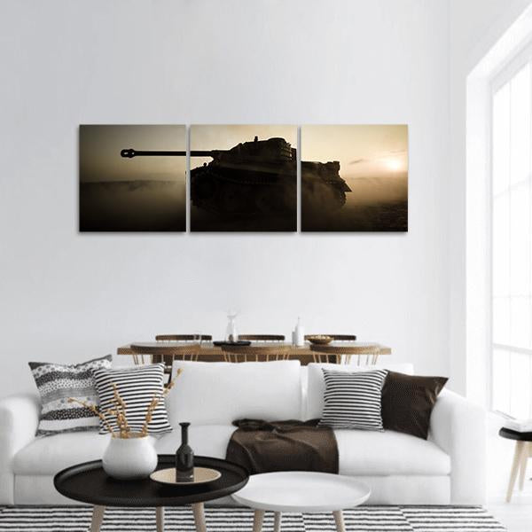 Tiger I Tank Silhouette at Sunset Panoramic Canvas Wall Art in black, brown and yellow, hung on a wall