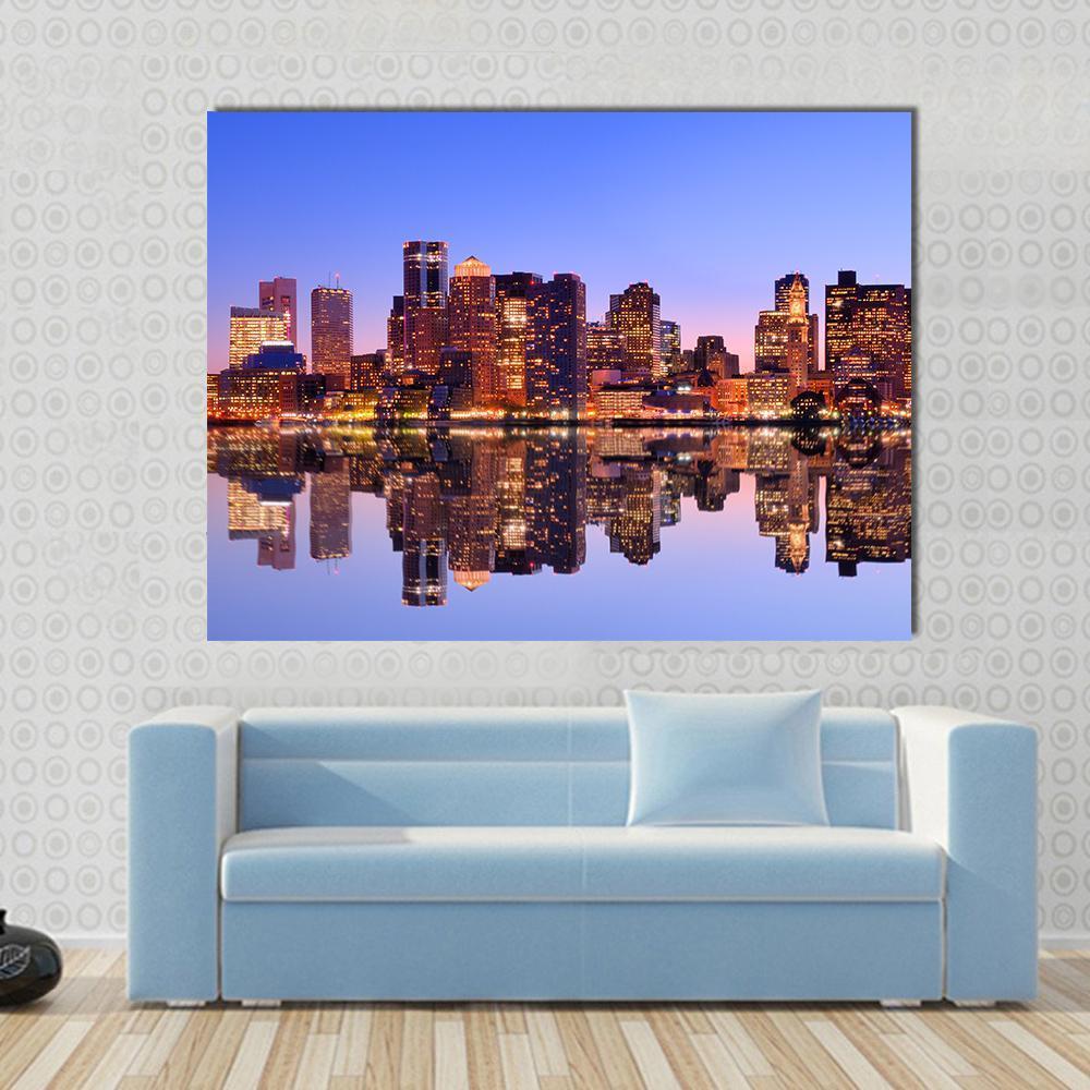Financial District Boston Canvas Wall Art in orange, blue and purple, single panel hung on a wall