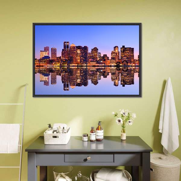 Financial District Boston Canvas Wall Art in orange, blue and purple, framed canvas, product view on a white background