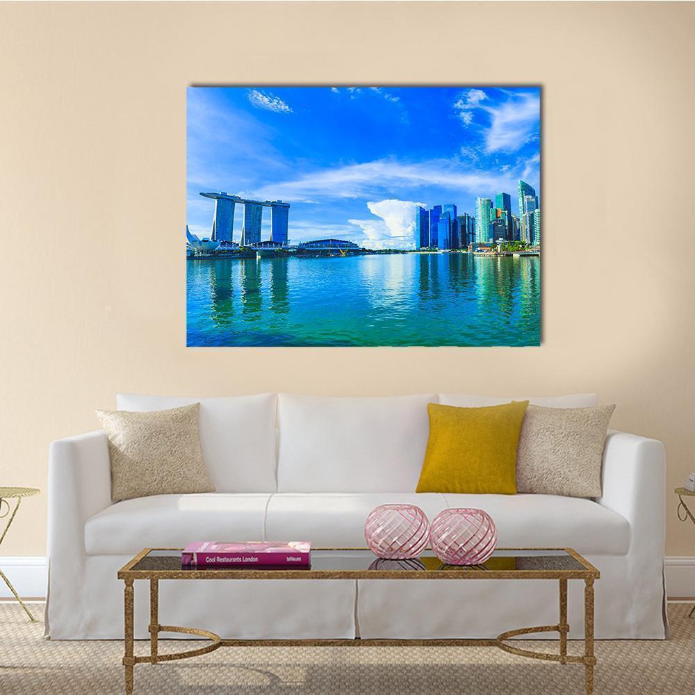Singapore Marina Bay Skyline Canvas Wall Art in white and blue, single panel hung on a wall