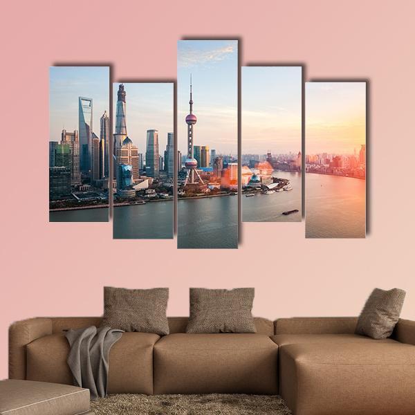 Shanghai At Dusk Canvas Wall Art-5 Pop-Gallery Wrap-47" x 32"-Tiaracle