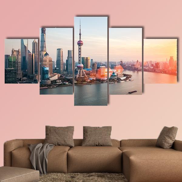 Shanghai At Dusk Canvas Wall Art-5 Star-Gallery Wrap-62&quot; x 32&quot;-Tiaracle