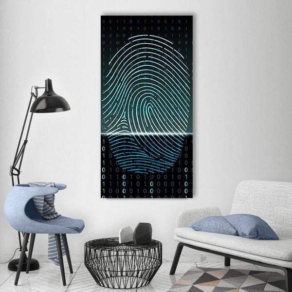 Glowing Blue Fingerprint Scan Vertical Canvas Wall Art in black and blue, single vertical panel hung on a wall