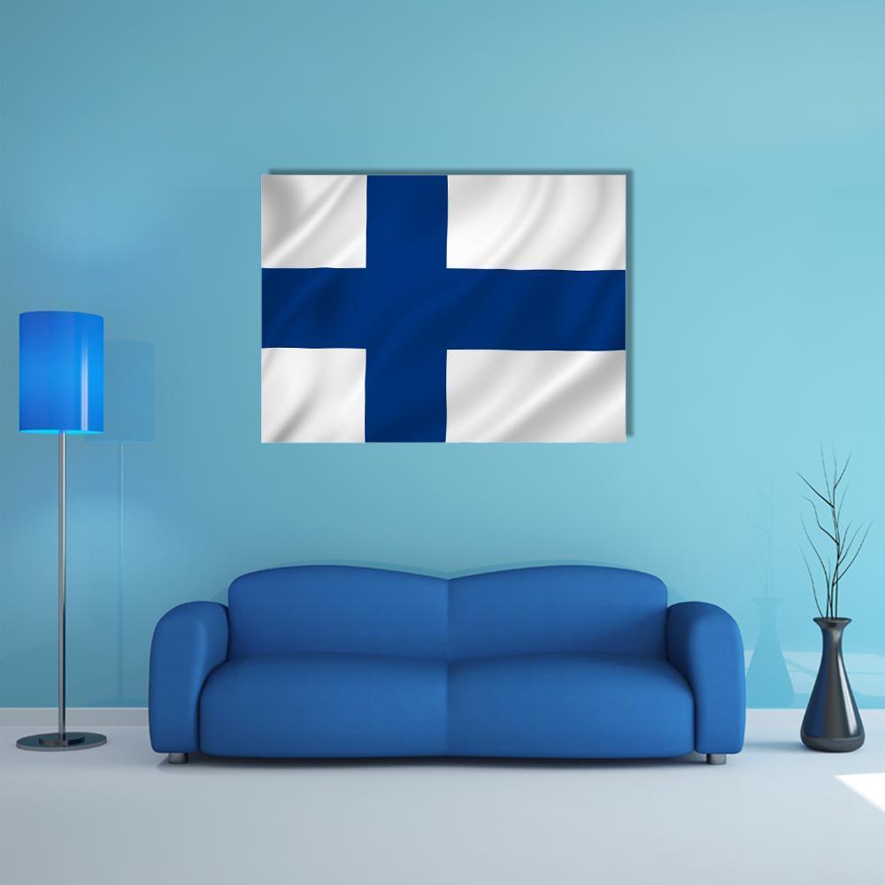 Finnish Flag with Blue Nordic Cross Canvas Wall Art in white and blue, single panel hung on a wall