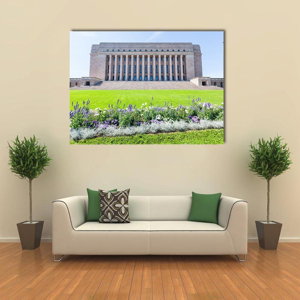 Finnish Parliament House Canvas Wall Art in gray, green and blue, single panel hung on a wall