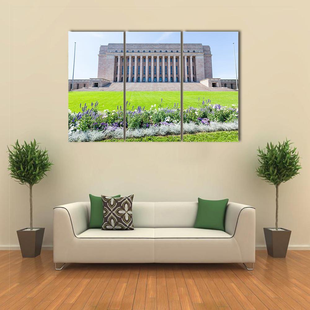 Finnish Parliament House Canvas Wall Art in gray, green and blue, 3 panel horizontal set hung on a wall