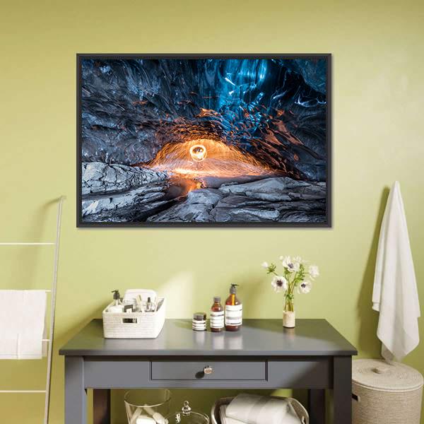 Fire Show In Ice Cave Canvas Wall Art-1 Piece-Floating Frame-24" x 16"-Tiaracle