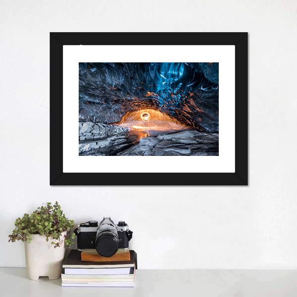 Fire Show In Ice Cave Canvas Wall Art-1 Piece-Framed Print-20" x 16"-Tiaracle