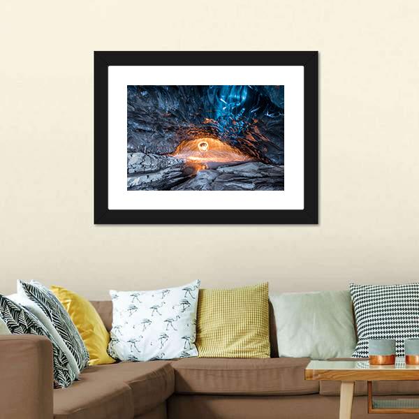 Fire Show In Ice Cave Canvas Wall Art-1 Piece-Framed Print-20" x 16"-Tiaracle