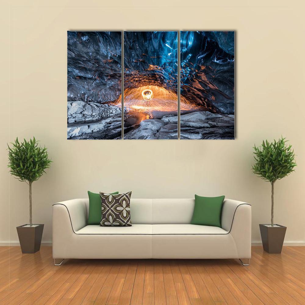 Fire Show In Ice Cave Canvas Wall Art-3 Horizontal-Gallery Wrap-37" x 24"-Tiaracle