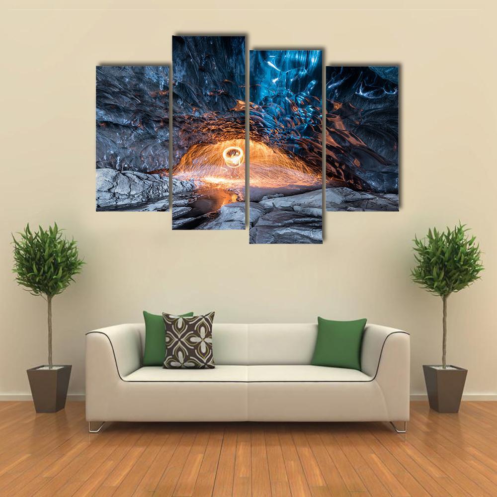 Fire Show In Ice Cave Canvas Wall Art-4 Pop-Gallery Wrap-50" x 32"-Tiaracle
