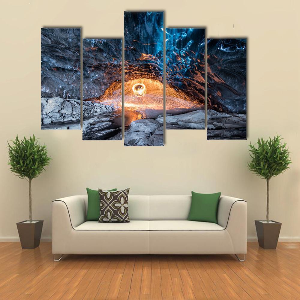 Fire Show In Ice Cave Canvas Wall Art-5 Pop-Gallery Wrap-47" x 32"-Tiaracle
