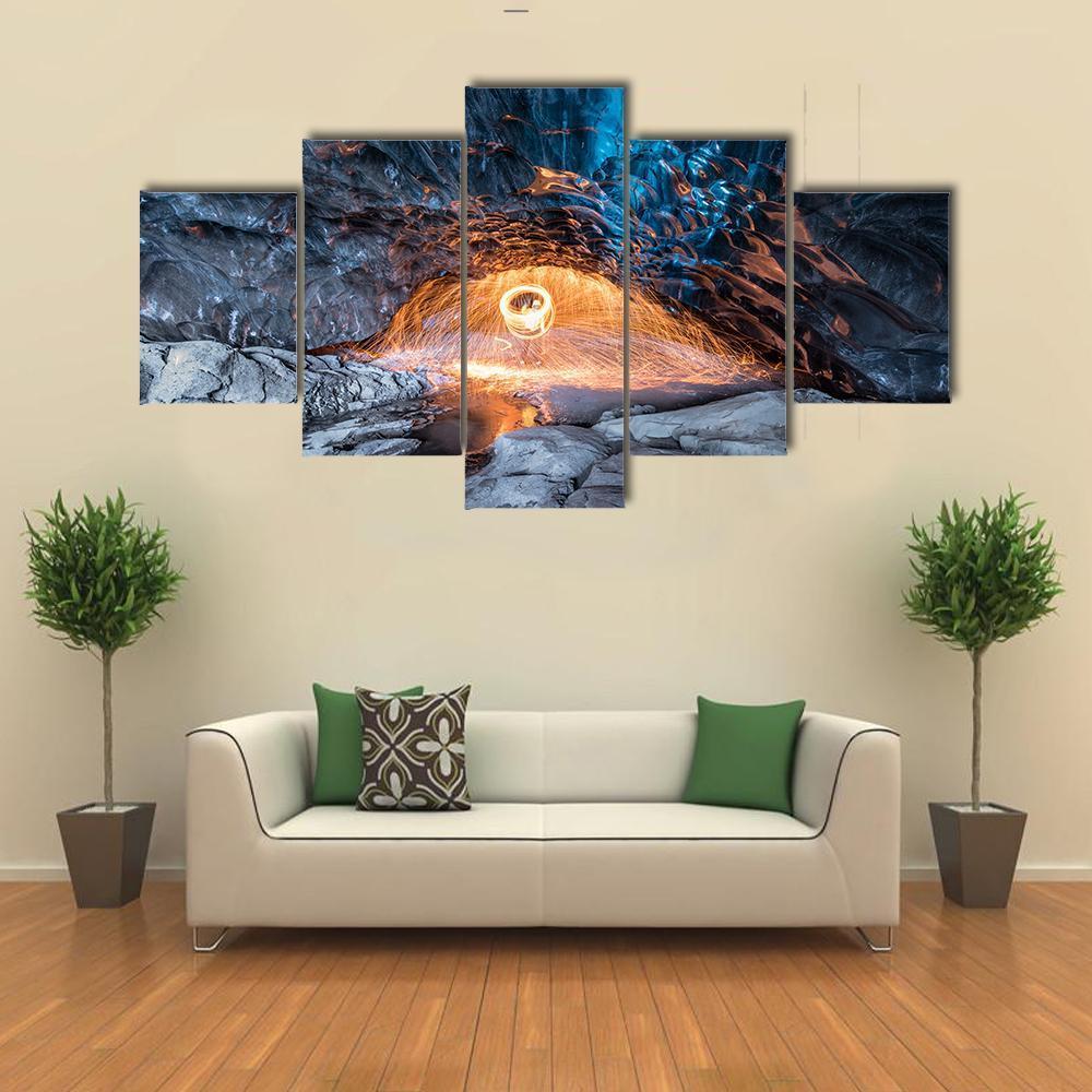 Fire Show In Ice Cave Canvas Wall Art-5 Star-Gallery Wrap-62" x 32"-Tiaracle