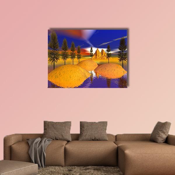 Otherworldly Fire Trees Over Mountains Canvas Wall Art in orange, yellow and blue, single panel hung on a wall
