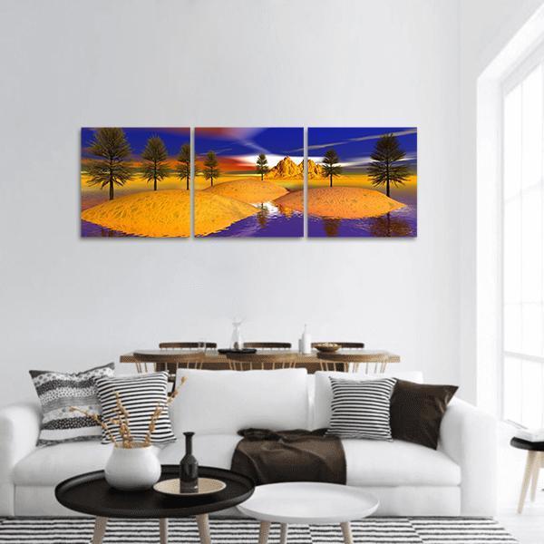Fire Trees and Orange Peaks Panoramic Canvas Wall Art in orange, yellow and blue, hung on a wall