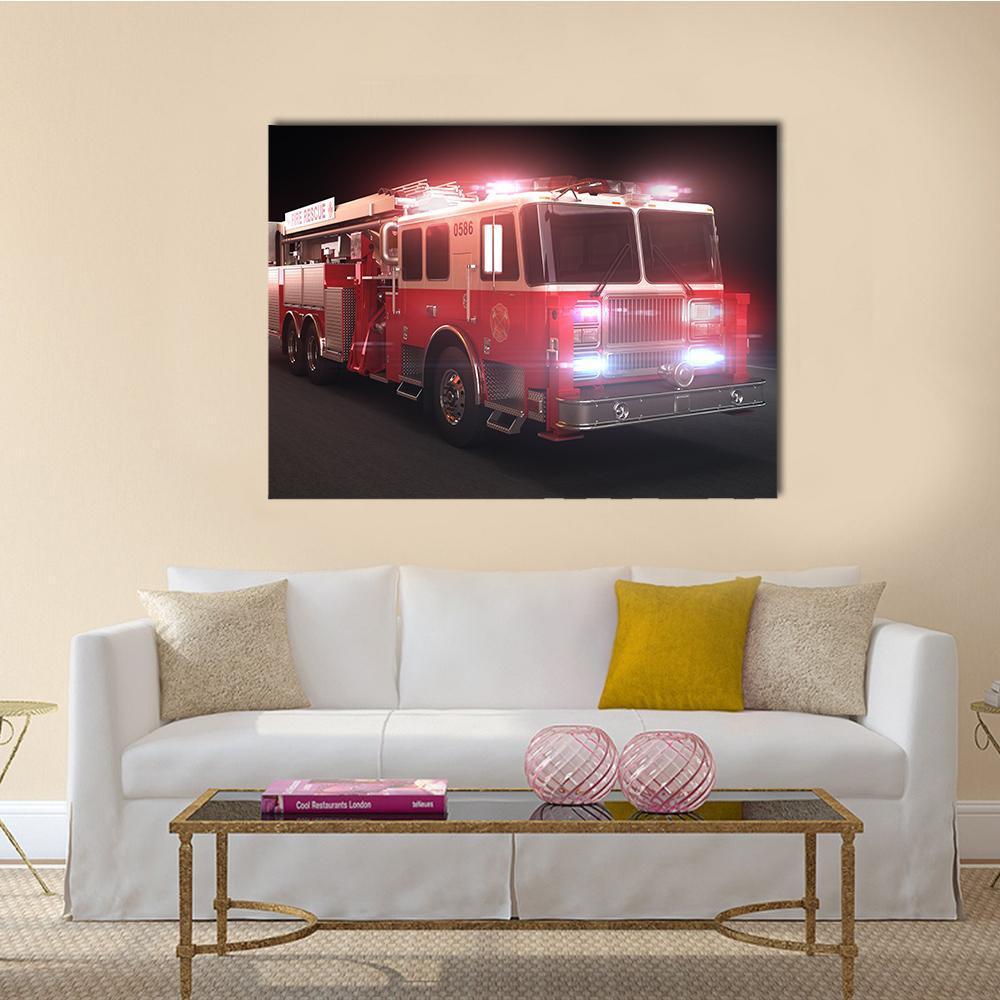 Fire Truck Number 0586 Canvas Wall Art in black, white and red, single panel hung on a wall