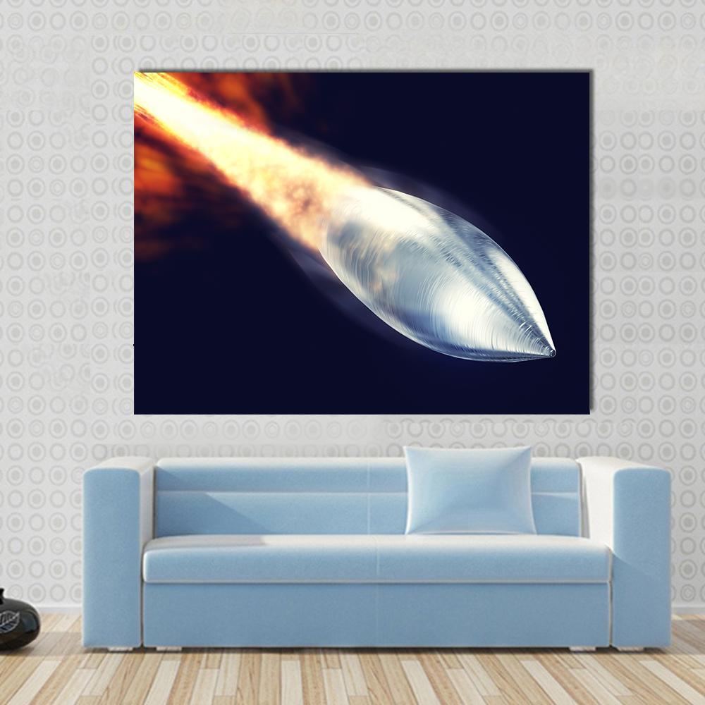 Fired Bullet Closeup Canvas Wall Art in black, silver and orange, single panel hung on a wall