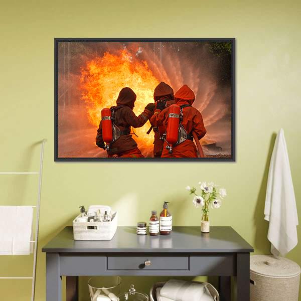 Firefighters In Action Canvas Wall Art-1 Piece-Floating Frame-24" x 16"-Tiaracle
