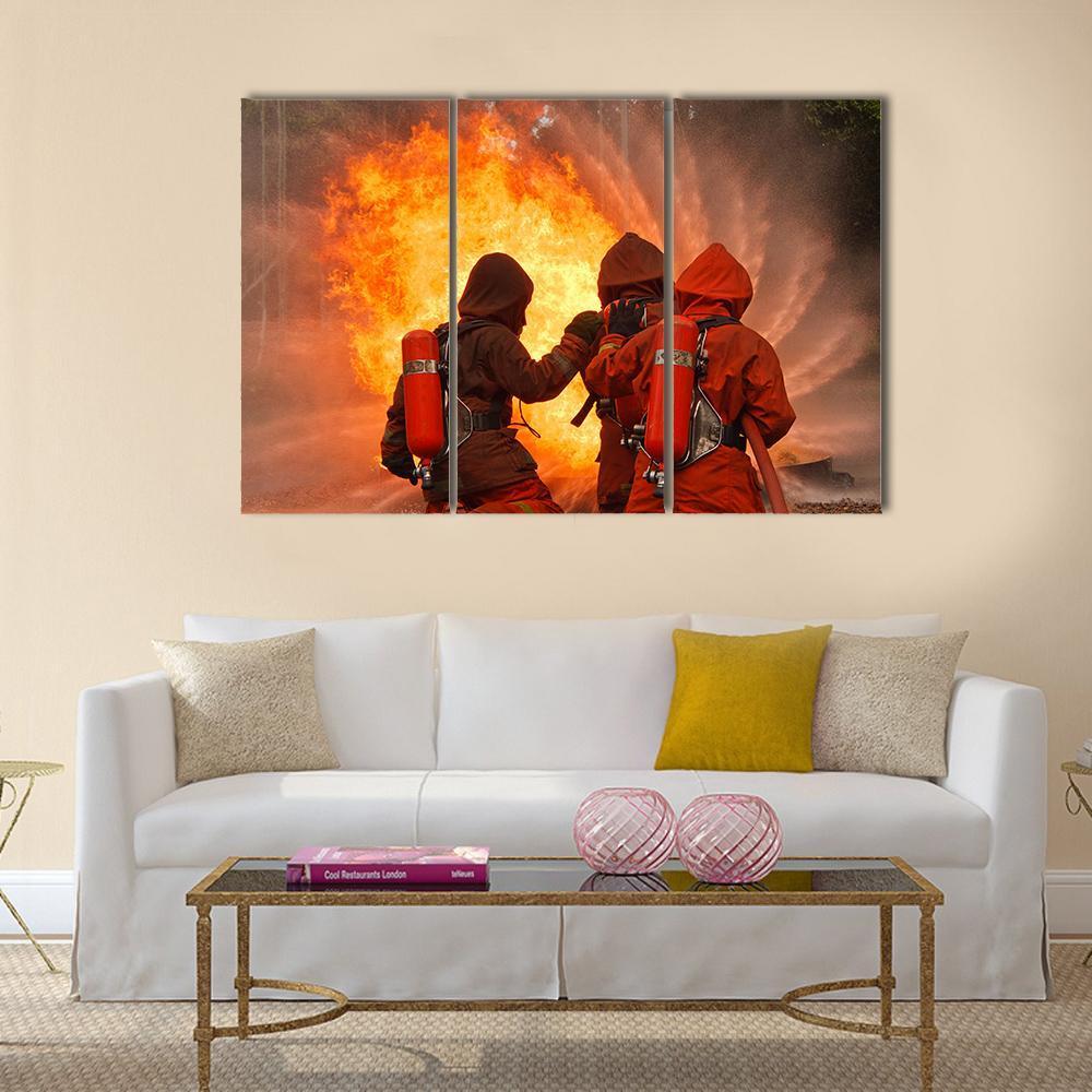 Firefighters In Action Canvas Wall Art-3 Horizontal-Gallery Wrap-37" x 24"-Tiaracle