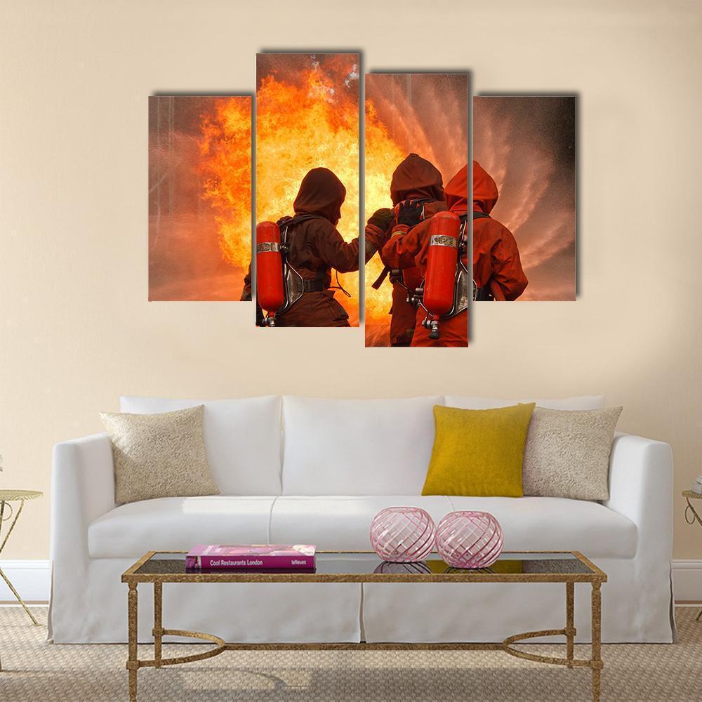 Firefighters In Action Canvas Wall Art-4 Pop-Gallery Wrap-50" x 32"-Tiaracle